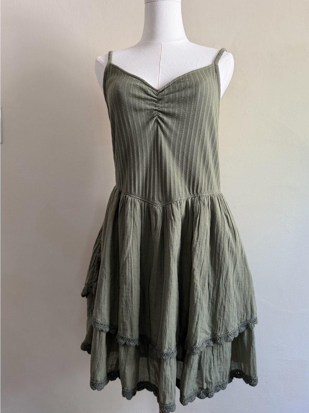 aerie Olive Tiered Ruffle Slip Dress